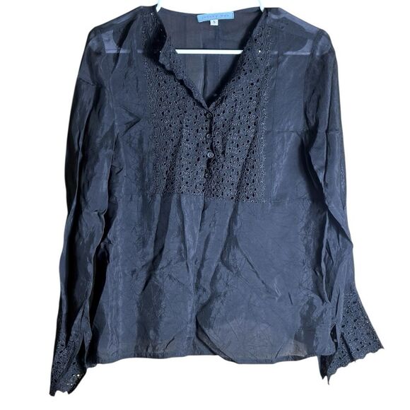 Johnny Was Black Crinkle Eyelet Sheer Blouse Long Sleeve Size Small 📦 - Picture 8 of 8